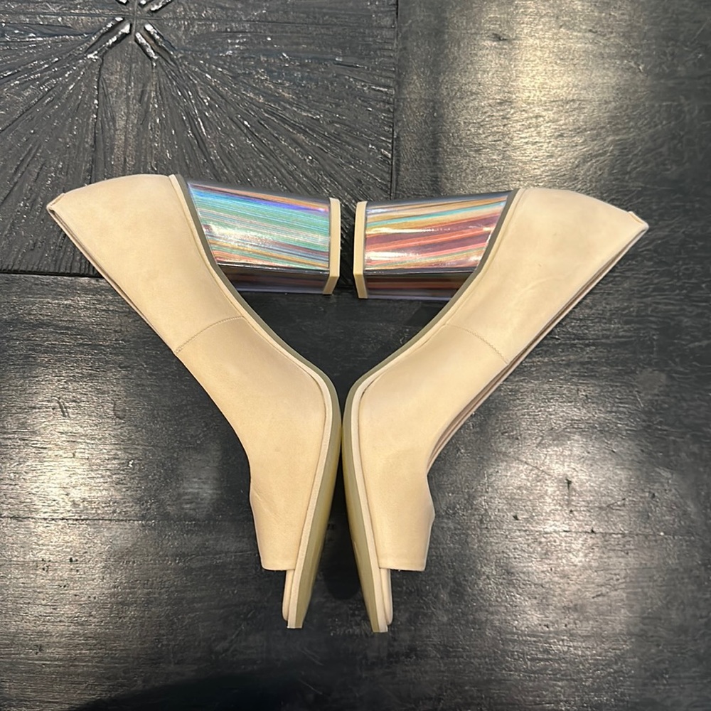 AUDLEY Beige Leather Peep Toes Multicolored Stripey Block Heels Brand New